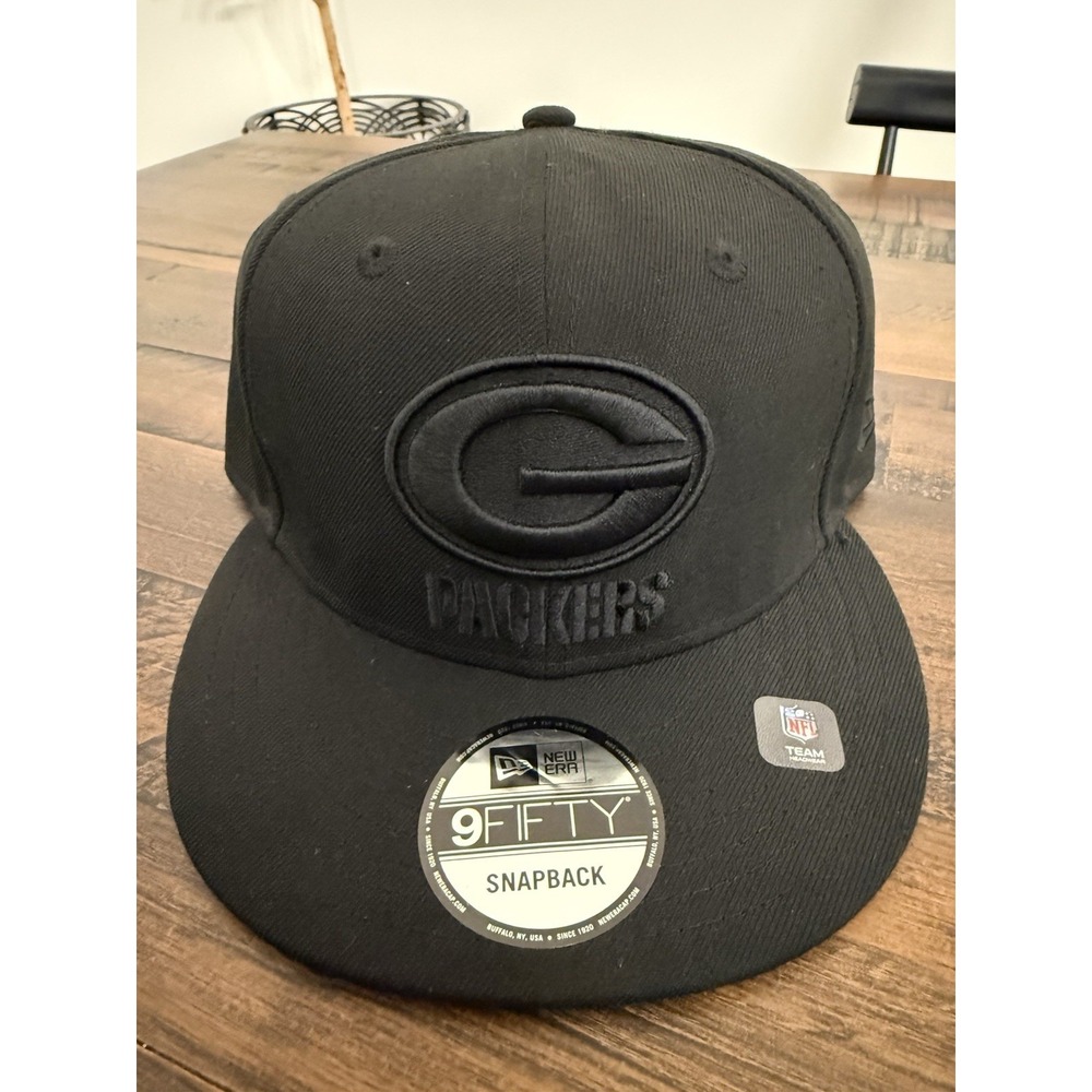 Green Bay Packers New Era 9Fifty SnapBack Adjustable Hat Black Color Blackout